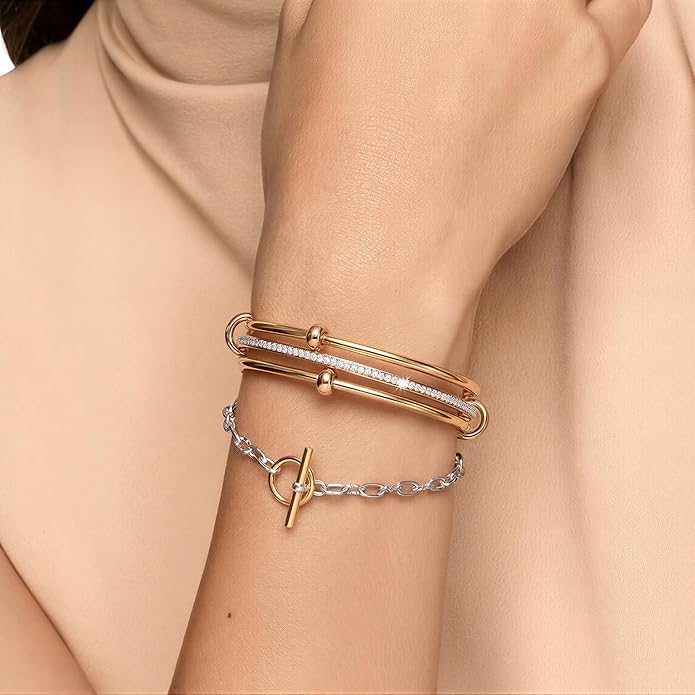 Musishiyu Gold Bracelets for Women Stacking Bangle - 18K Mixed Metal Tri-Color Rolling Interlocking Bands, Cubic Zirconia Fidget Anxiety Jewelry, Valentine's Galentine's Day Gifts (Love, Loyalty, Friendship)
