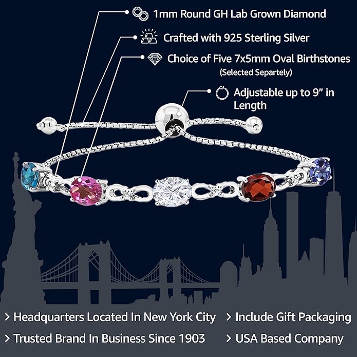 Gem Stone King Customized and Personalized 5 Oval Gemstone Birthstone and White Lab Grown Diamond Tennis Bracelet For Women | 925 Sterling Silver | Adjustable Bolo Bracelet For Women
