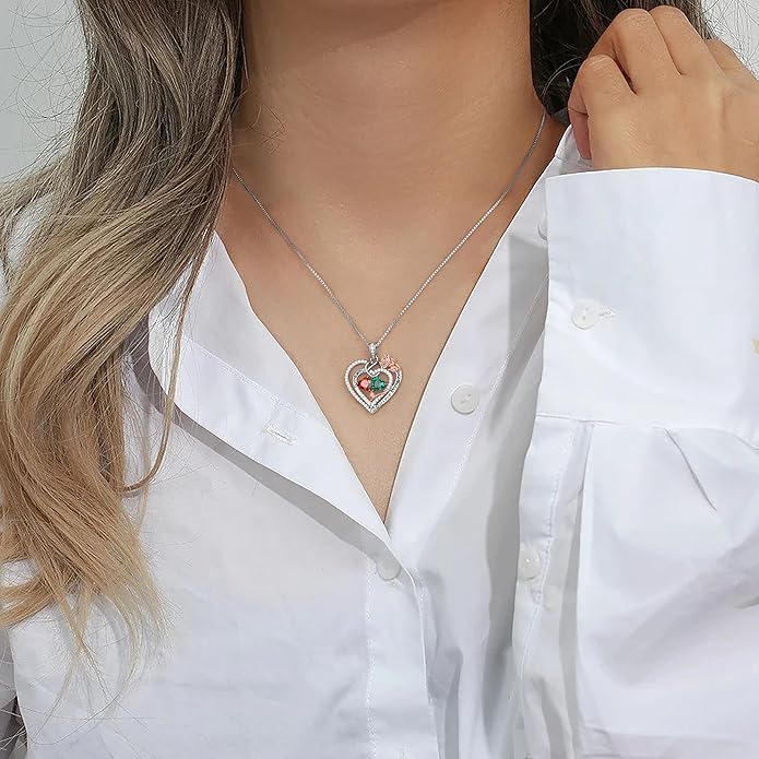 Iefil Rose Heart Necklace Gifts for Wife Women - 925 Sterling Silver Double Birthstone Necklace, Anniversary Birthday Gifts for Women, Jewelry Gift for Wife Girlfriend Mom Her