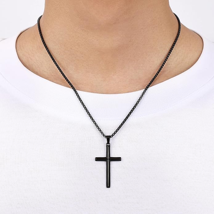 Fiusem Beveled Edge Cross Necklace for Men, Silver Tone/Black/14K Gold Plated Mens Cross Necklace, 2.5MM Stainless Steel Box Chain with Pendant
