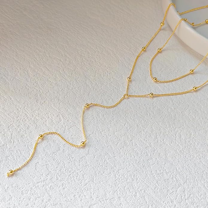 Luxval Lariat Silver Necklace for Women, Dainty Long Necklace Silver Y-Shaped Pendant Necklaces Trendy Beaded Chain Drop Necklaces Jewelry for Women Gifts