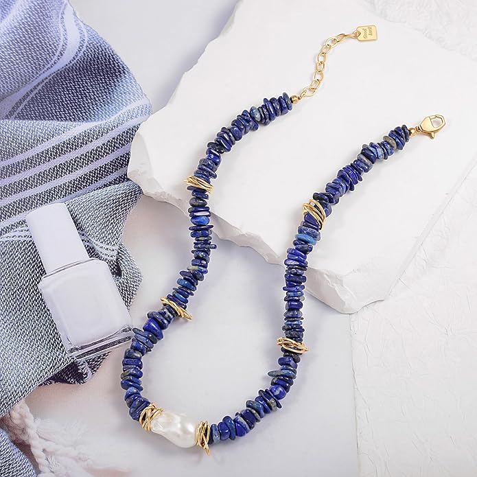 Chunky Statement Stone Beaded Necklace, Big Baroque Pearl Gold Choker, Trendy Boho Colorful Stone Jewelry