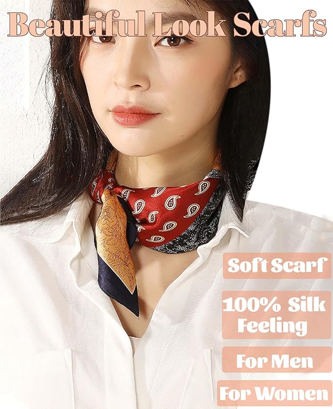kcctoo 27.5" Mulberry Silk Feeling Head Scarf Women's Fashion Square Neck Satin Scarfs for Bag Hair Scarves Gift
