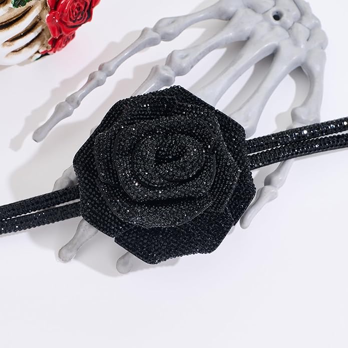 Rose Choker Necklace for Women Gothic Floral Crystal Rhinestone Collar Necklace Short Chain Statement Choker Wedding Party Costume Jewelry Gift for Her