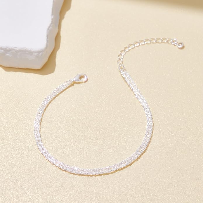 Sterling Silver Anklet Bracelets for Women Waterproof, 925 Sliver Plated CZ & Heart Charm Dainty Layer Anklets for Women Trendy, Simple Chain Anklets Set Gifts for Women, Jewelry Gifts for Her Women Mom Wife Girlfriend