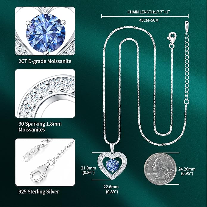 31-Stone Birthstone Heart Necklace for Women | 2ct Moissanite & 30 Sparkling Accents | Valentine's Day, Birthday,Mother's Day, Christmas Gift for Wife, Mother, Girlfriend
