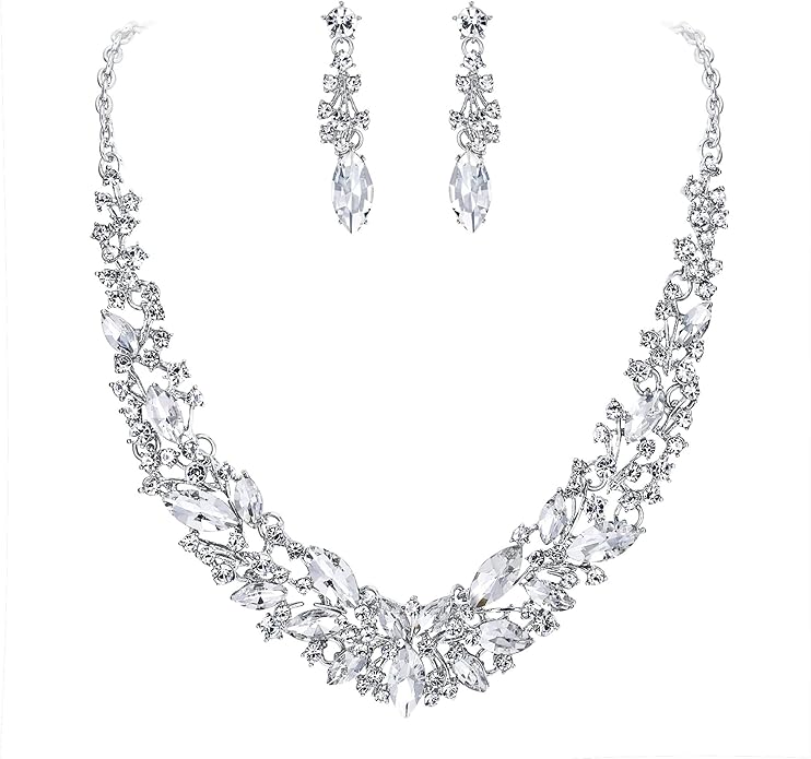 BriLove Women's Wedding Bridal Austrian Crystal Marquise Cluster Collar Necklace Dangle Earrings Set