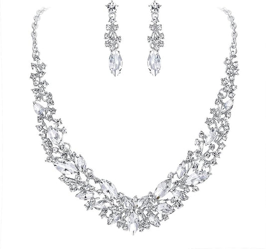BriLove Women's Wedding Bridal Austrian Crystal Marquise Cluster Collar Necklace Dangle Earrings Set