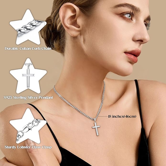 MILACOLATO 925 Sterling Silver Cross Necklace Men - Beveled Edge Cross Pendant with 5mm 316L Stainless Steel Cuban Link Curb Chain Crucifix Necklaces Silver Jewelry for Men Women, 18-30'' Christian Baptism Gift