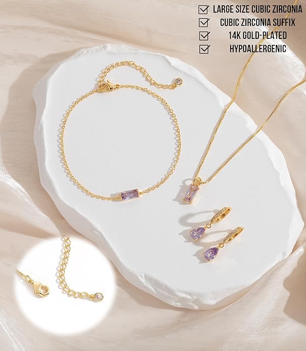 Birthstone 14K Gold Plated Bracelets Earrings Necklaces Jewelry Set， Blue Green May Cubic Zirconia，Friendship Bracelets Jewelry Gifts for Mom Best Friend Birthday