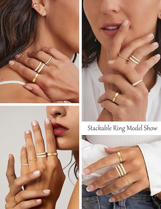 Stackable Gold Rings for Women Non Tarnish Wedding 14K Gold Plated Stacking Cubic Zirconia Thumb Ring Set Stack Engagement Eternity Dainty Bands Pinky Statement Promise Gold Jewelry Size 6-10