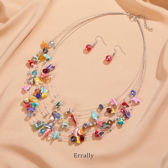 Multi-Layer Boho Shell Beaded Necklace for Women Colorful Crystal Strand with Silver Beads Statement Collars Necklace and Earrings Costumes Jewelry Sets for Women
