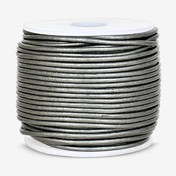 GENIQUE Real/Genuine Round Leather String Cord for Necklace, Bracelets, Jewelry, Kumihimo Braiding, DIY Projects (20 Metres) (1.5mm, Grey Metallic)