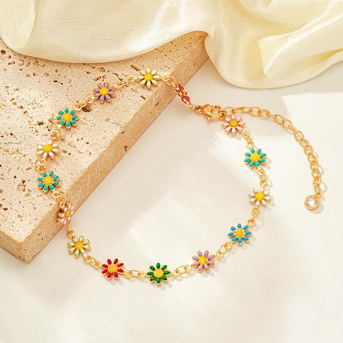 MTMY Gold Anklets for Women 14K Gold Plated Tiny Bead Anklet Colorful Tassel Foot Chain Dainty Adjustable Cute Summer Beach Boho Anklets Jewelry Gift