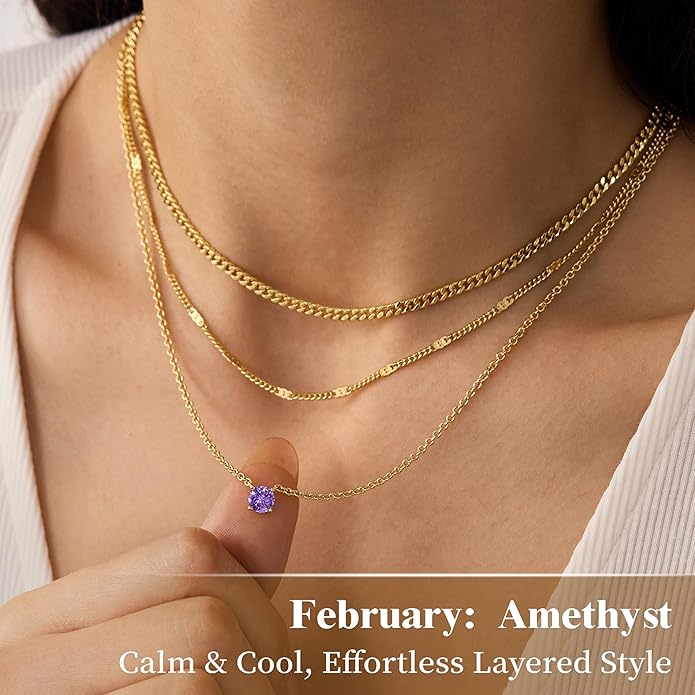 WomenGifts Layered Gold Necklaces for Women, 14K Gold Sterling Silver Plated Dainty Pendant Necklace Set with Cubic Zirconia Circle, Chunky Stackable Cuban Chain Choker, Trendy Personalized Birthstone Jewelry Gift Non Tarnish