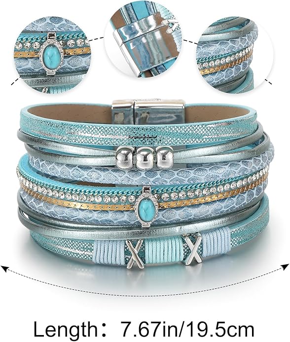 Edoneery Leather Wrap Bracelet for Women, Boho Handmade Multi-Layer Cuff with Crystal Beads Heart, Stackable Bangle Western Jewelry Gift