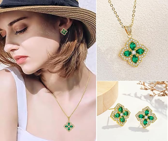 VONSSY Four Leaf Clover Necklace Earrings Shamrock Irish ST Patricks Jewelry Set Gift Green Emerald Zircon Crystal Stud 18k Gold Plated Chain Saint Pendant for Woman Wife Girlfriend