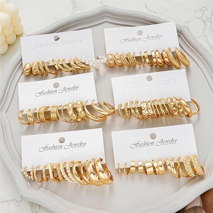 36 Pairs Gold Hoop Earrings Set for Women, Fashion Chunky Gold Hoop Earrings Multipack, Hypoallergenic Pearl Chain Twisted Statement Earring Pack for Birthday Party Jewelry