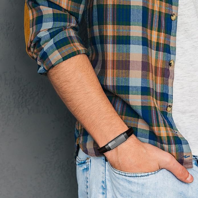 American Flag Leather Bracelet for Men Bible Verse Bracelets Cross Bracelet Christian Jewelry Gift for Men