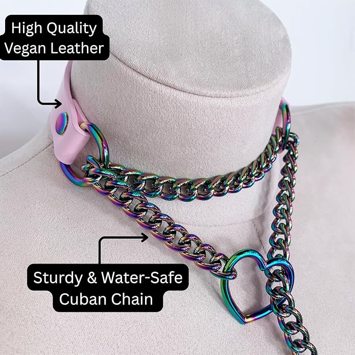 Handmade Black Heart Choker Collar For Women, Punk Gothic O-ring Slip Chain Necklace with Adjustable Vegan Leather Buckle