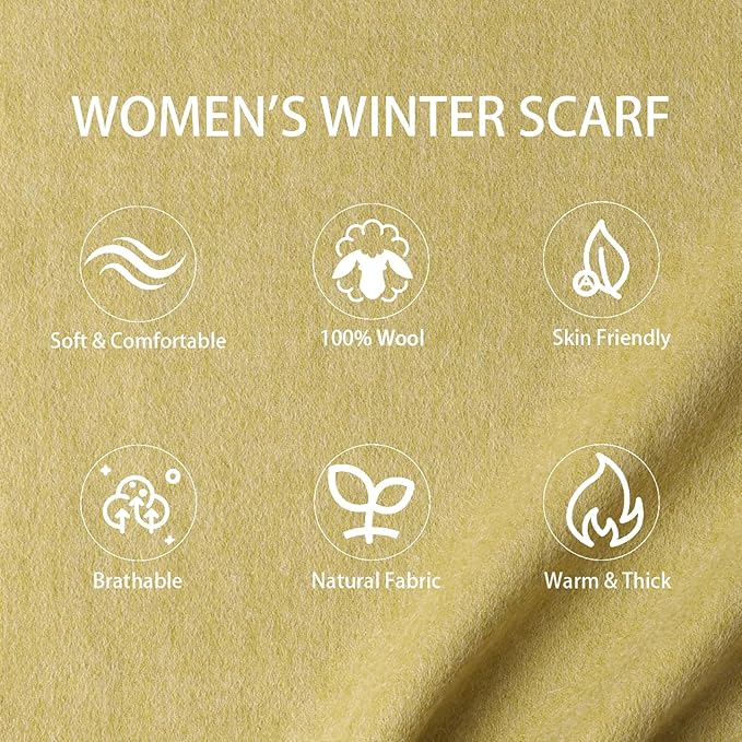 WASALUYA Wool Scarf for Women & Men, 100% Wool Scarves Wrap Shawl with Tassels, Elegant Soft Winter Scarf for Fall and Winter