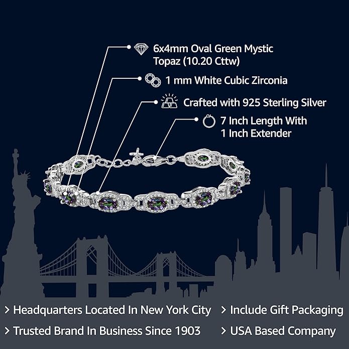 Gem Stone King 7-14 Cttw Oval Gemstone Birthstone Tennis Bracelet For Women | 925 Sterling Silver | Oval 6X4MM | 7 Inch With 1 Inch Extender | Fine Jewelry Gifts for Her Mom Women Wife