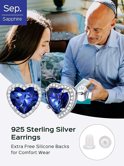 ChicSilver 925 Sterling Silver Birthstone Earrings for Women, 8MM/2 Carat Heart & Round Cubic Zirconia Stud Earrings, Hypoallergenic Jewelry, Ideal Birthday or Christmas Gifts