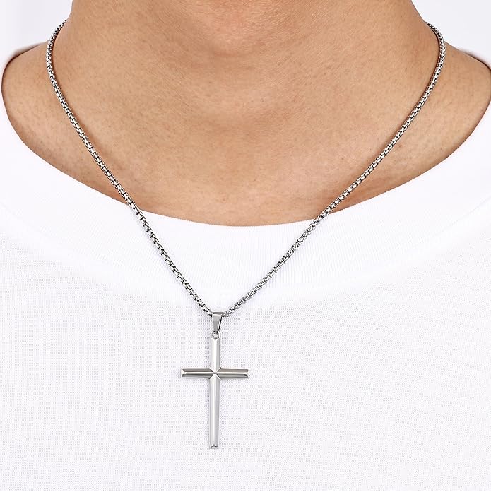 Fiusem Beveled Edge Cross Necklace for Men, Silver Tone/Black/14K Gold Plated Mens Cross Necklace, 2.5MM Stainless Steel Box Chain with Pendant