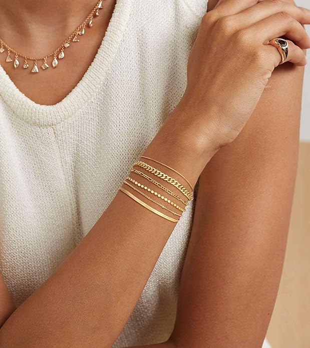 DEARMAY Waterproof Gold Plated Bracelets Set for Women Trendy, Dainty 14K Gold Jewelry Fashion Stackable Tennis Beaded Figaro Herringbone Paperclip Link Bracelet Pack Stack Gifts for Women