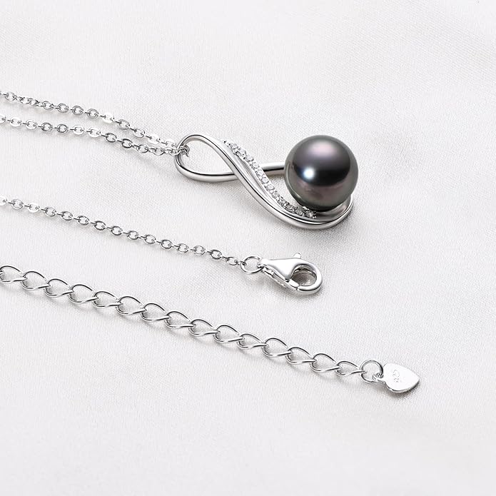 DENGGUANG Tahitian Black Pearl Necklace for Women Genuine 9-10mm Round Tahitian Cultured Pearls Pendant 18K Gold Plated 925 Sterling Silver - Jewelry Gifts for Mom Wife Daughter