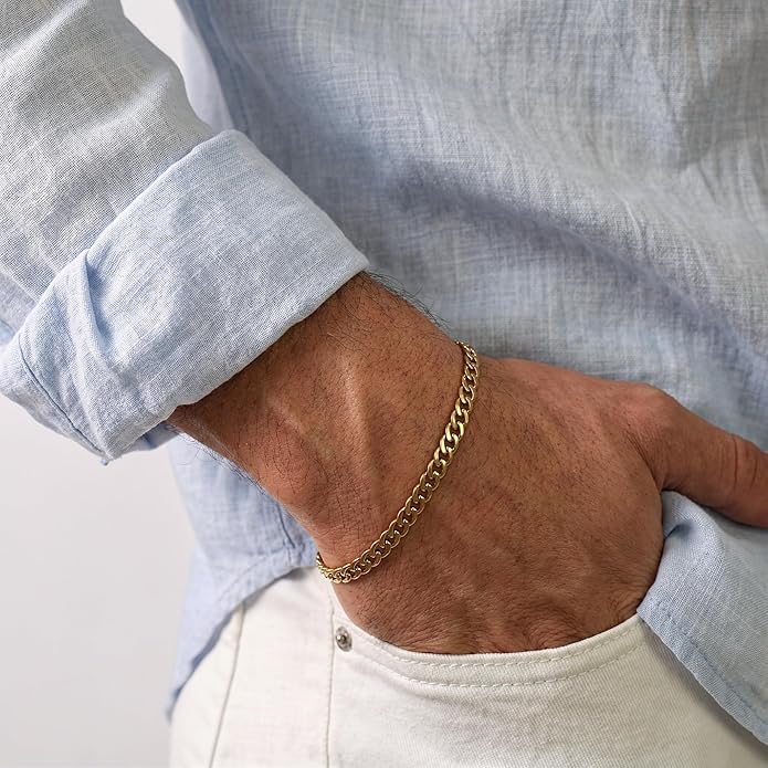 Galis Mens Bracelet - Cuban Link or Box Chain Layered Chain For Men - Premium Stainless Steel, Gift for him, Gold, Silver, Black Bracelet For Men 7-8" Size, 3-5mm Thick