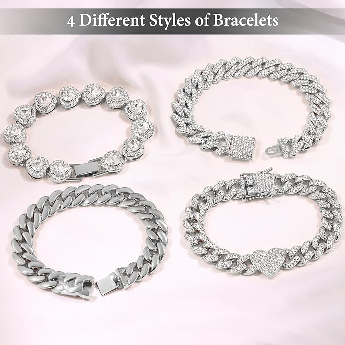 shopbyskyler 4PCS Gold Bracelets for Women Silver Clustered Tennis Bracelet for Women Heart Round Diamond Cuban Bracelet Layered Link Bracelet Set Fashion Jewelry for Women Set