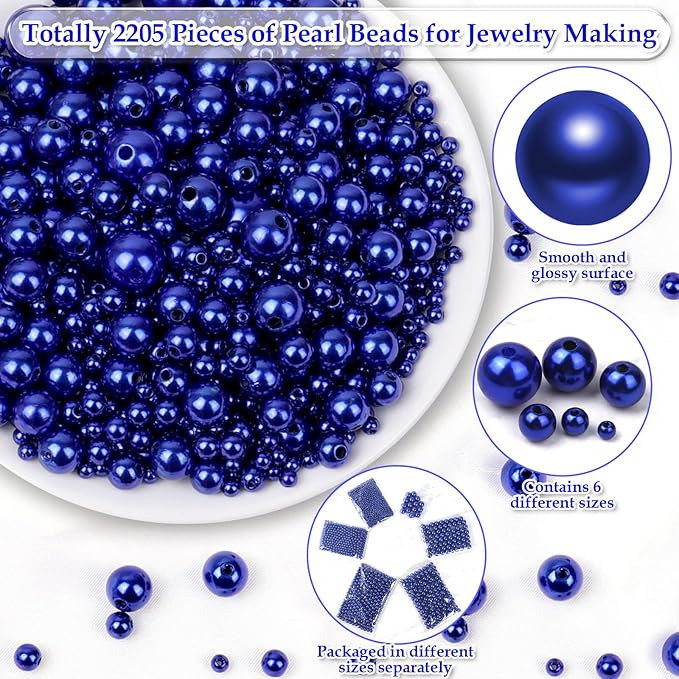 Anezus 2205Pcs Blue Pearls for Craft, Assorted Sizes Fake Pearl Beads, Sew on Pearls, Bulk Loose Pearl Beads with Holes for Jewelry Making, Bracelets, Necklaces, Hairs, Decoration, Vase Filler