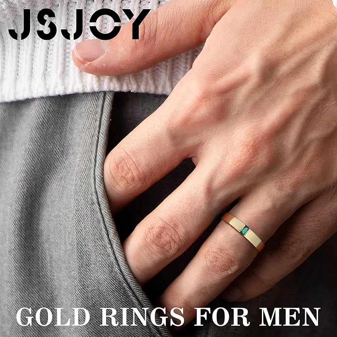 JSJOY Gold Rings that Don't Tarnish Mens Wedding Band Promise Rings Emerald Cut Engagement Ring Wedding Gifts for Newlyweds Husband Birthday Gifts for Men Him Boyfriend