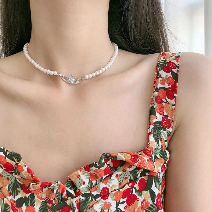 FENLDY Rhinestone Faux Planet Saturn Pearl Necklace for Women Jewelry, Fake Pearl Collar Pendant a Necklace Men with Charm for Girls Y2k Jewelry Ladies' Wedding Pearl Bead Chain Crystal Choker