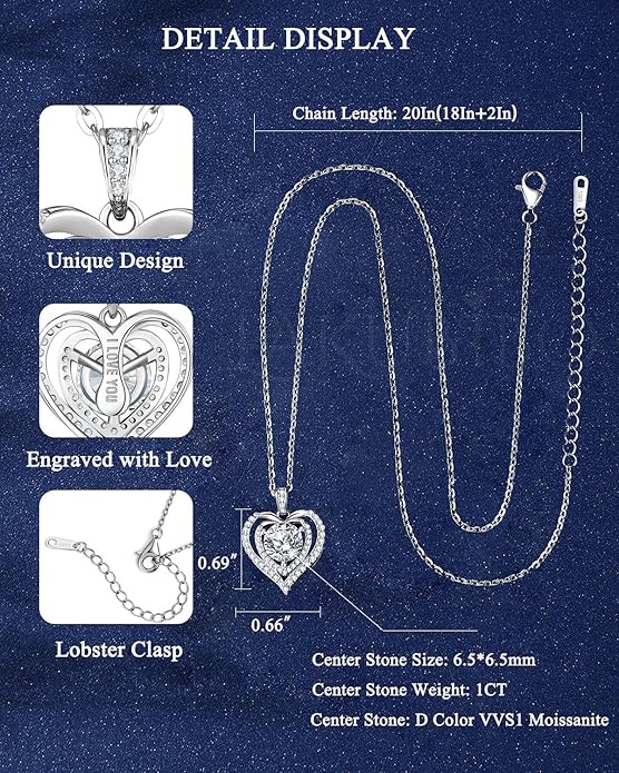 Moissanite Heart Necklace for Women, 1-2 Carat Moissanite Necklace Engraved with 'I LOVE YOU', Anniversary Birthday Gifts for Women,Mom, Girlfriend, Jewelry Gifts for Christmas Valentine's Day