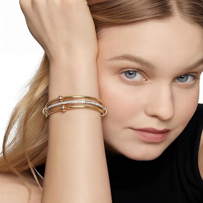Musishiyu Gold Bracelets for Women Stacking Bangle - 18K Mixed Metal Tri-Color Rolling Interlocking Bands, Cubic Zirconia Fidget Anxiety Jewelry, Valentine's Galentine's Day Gifts (Love, Loyalty, Friendship)