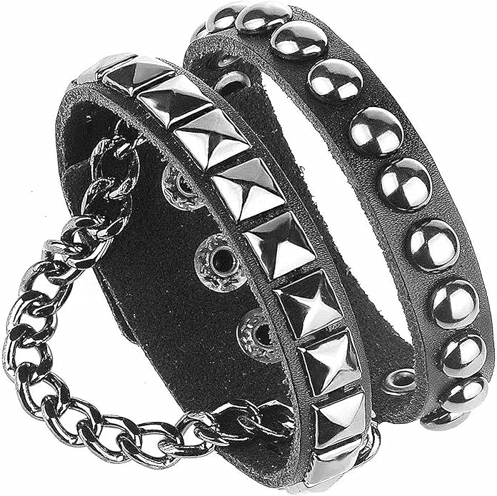 Perfect 4U Rivet Bracelet Multilayer Black Leather Cuff Heart Pendant Bangle Studded Chain Wrist Punk Sports Rock Bracelet Adjustable