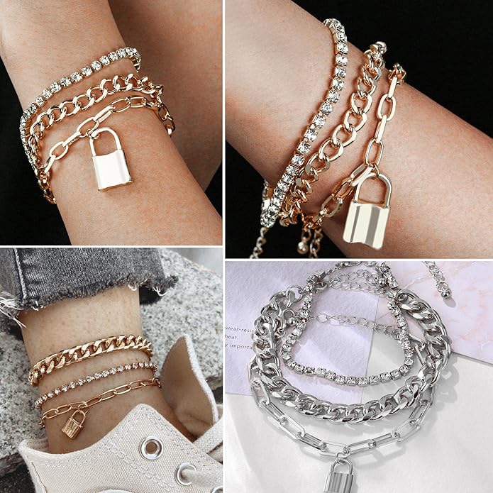 17IF 18-25 PCS(6 Pack) Boho Gold Bracelets Set for Women Stackable Chunky Dainty Bangles Adjustable Chain Flat Cuff Cuban Punk Charm Bundle Jewelry