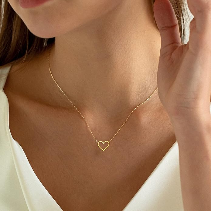 Tewiky Cute Heart Necklace Tiny 14k Gold Heart Pendant Choker Necklaces Small Gold Love Open Heart Chain Necklace for Women Dainty Gold Necklace Gifts for Her