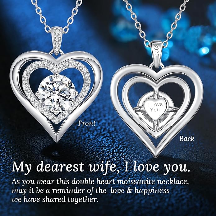 Moissanite Heart Pendant Necklaces for Women, 925 Sterling Silver Necklace Engraved with 'I LOVE YOU', Ideal Anniversary Birthday Christmas Valentine Mothers Day Jewelry Gifts for Mom Wife Girlfriend Daughter Her