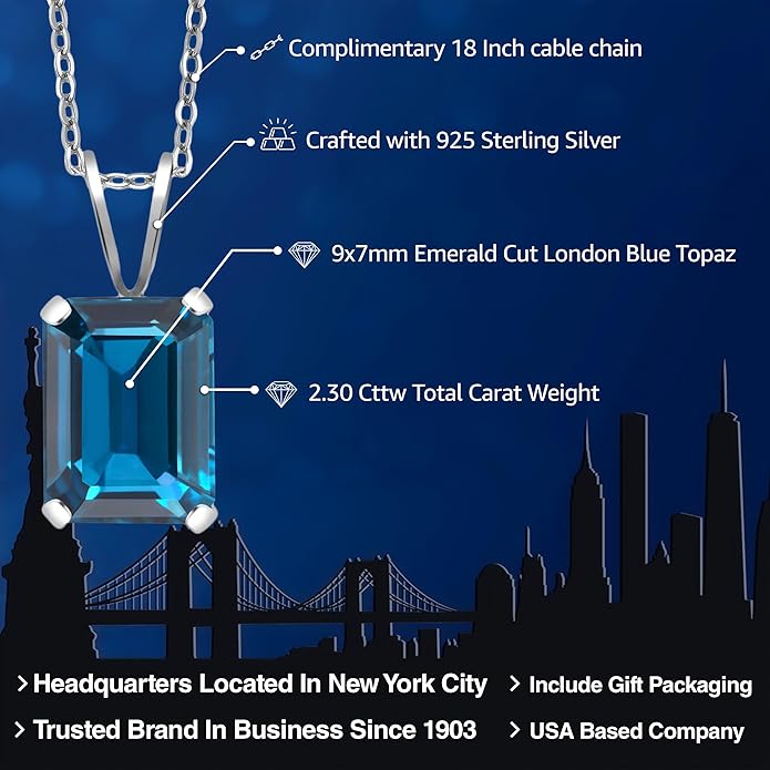 Gem Stone King Emerald Cut Pendant Necklace For Women | 925 Sterling Silver | Emerald Cut 9X7MM | Gemstone Birthstone | Fine Jewelry for Her Mom Wife | With 18 Inch Silver Chain