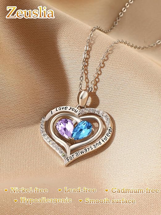 Zeuslia Double Birthstone Necklace Gifts for Wife - 925 Sterling Silver Sunflower/Rose/Crown Cross/Compass/Heart Pendant I Love You Necklace, Anniversary Birthday Gifts for Wife Girlfriend Mom Her