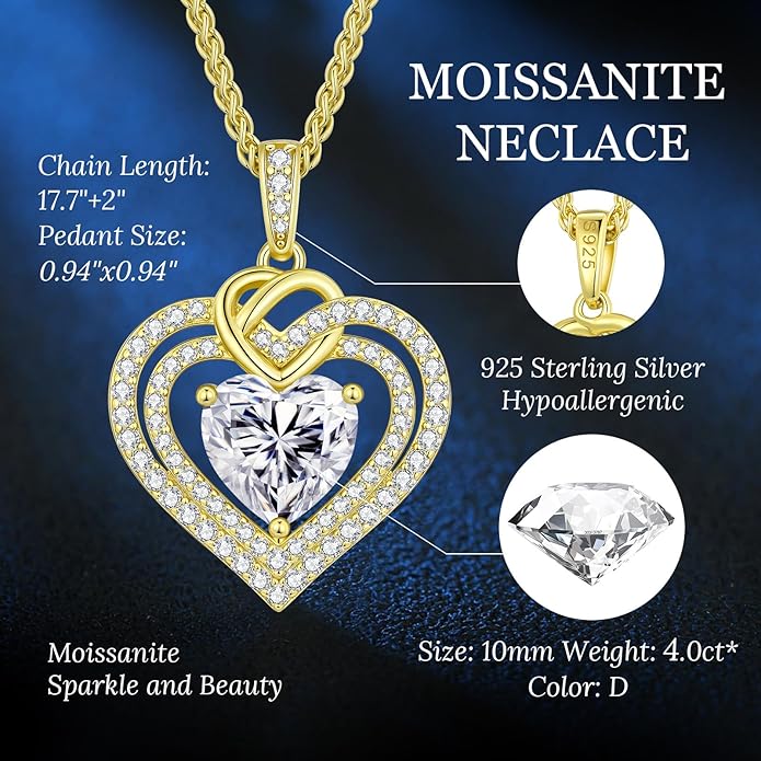 OOBEE Moissanite Heart Necklaces for Women, 1- 4 Carat Moissanite 925 Sterling Silver Gold Plating Fine Women Necklace，Ideal Anniversary Birthday Christmas Valentine Mothers Day Jewelry Gifts for Mom Wife Her Girlfriend
