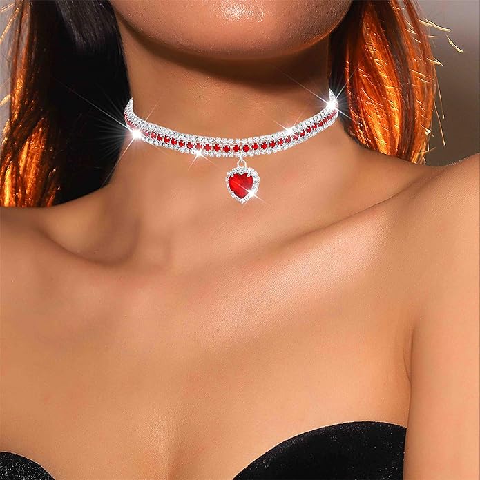 CLOACE Rhinestone Choker Necklace Heart Pendant Diamond Row Necklaces Sparkly Crystal Prom Chain Jewerly Accessories for Women