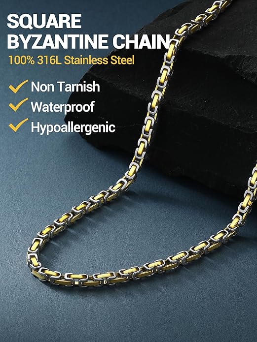 PROSTEEL 4MM/6MM/8MM Stainless Steel Necklace for Men Women, Stylish and Cool, Byzantine Chain Black Gold Silver Tone, 18-30 Inches, Come Gift Box