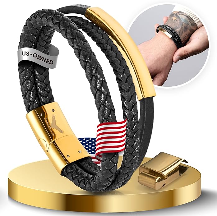 RogueRaven Black Leather Bracelet for Men – Premium Collection – Brown Black Gold Silver | Genuine Leather Mens Bracelet with Stainless Steel Clasp [Adjustable] | In Luxury Gift Box