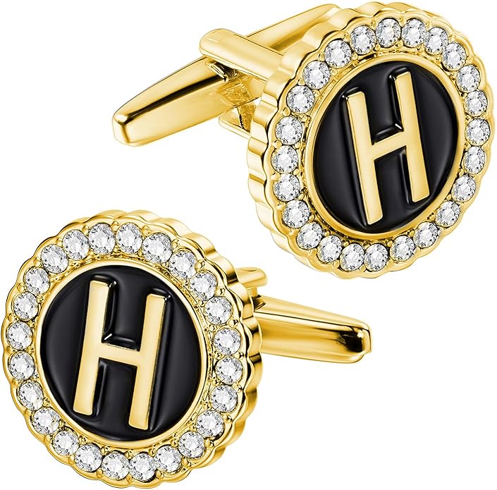 HAWSON A-Z Initial Cufflinks for Men and Women with Clear Crystal, Gold Silver Color Rasied Letter A-Z Cuff Links for French Shirt, Gift for Normal and Business Wearing