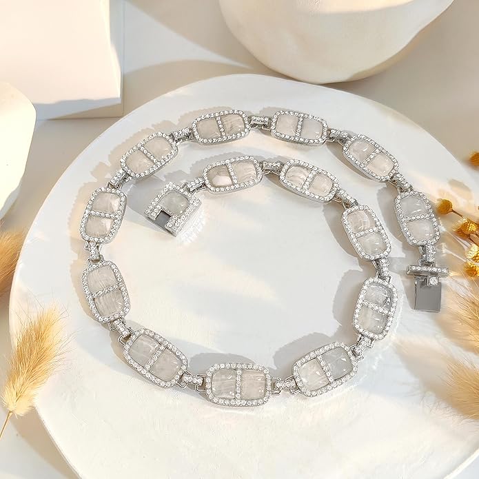 Chunky Necklace for Women 12 Colors Diamond Stone Gold Statement Necklace for Women Full Trendy Blue Birthstone Choker Necklace for Women Square Design Necklace Jewelry