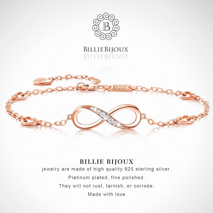 Billie Bijoux Womens 925 Sterling Silver Infinity Anklet Bracelet Endless Love Symbol Charm Adjustable Large Bracelet Gifts for Women